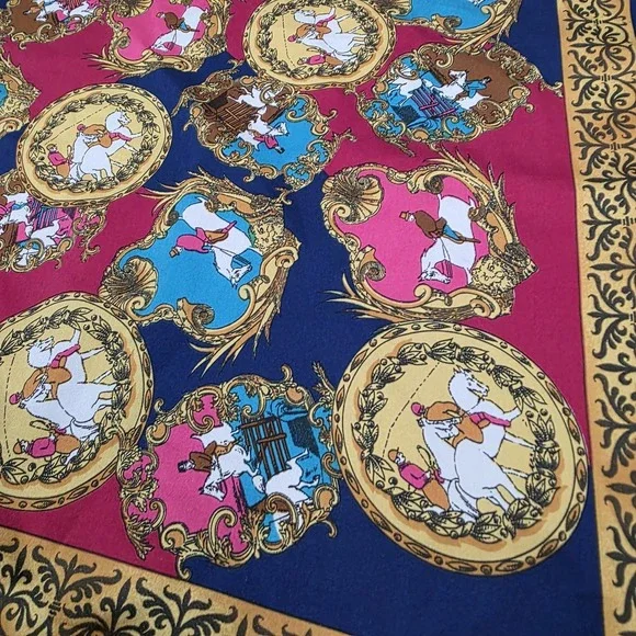 Square Womens Satin Scarf Equestrian Horses Baroque Old Money Euro Summer Luxury - Picture 2 of 5
